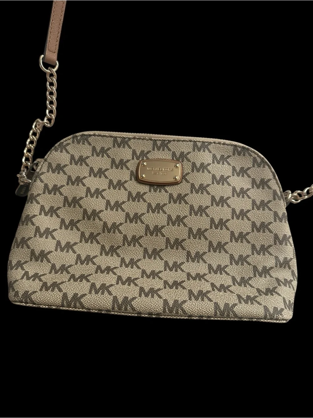 Michael Kors Beige/Brown Signature Logo Crossbody with Leather Trim